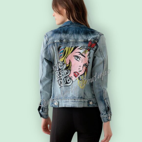 Serendipity Boutique Jackets & Blazers - Acid Washed Pulp Fiction Graffiti Classic Cotton Denim Blue Jean Moto Jacket